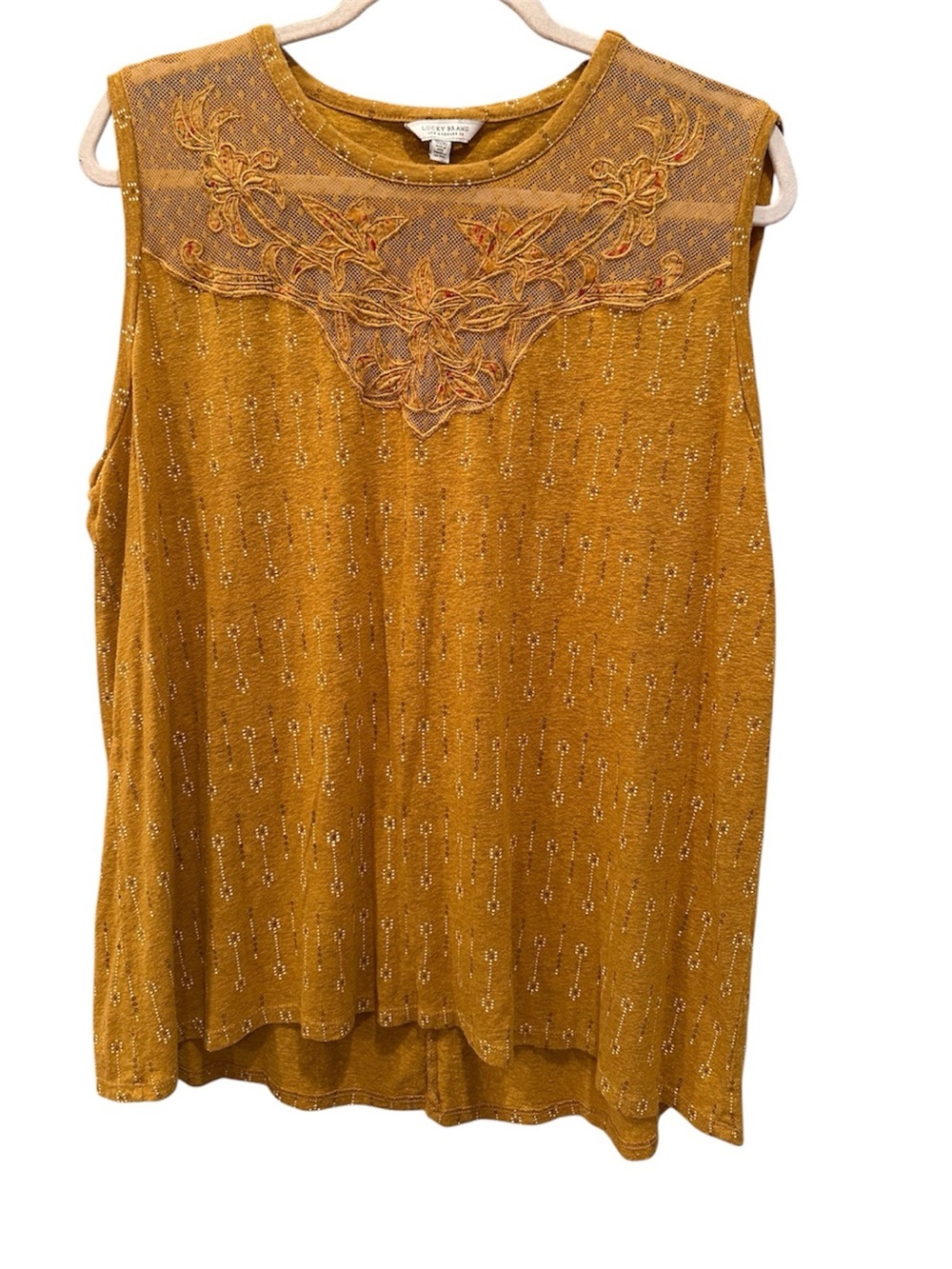 Lucky Brand Mustard Embroidered Mesh Yoke Tank Boho Hippie Casual Sz 1X